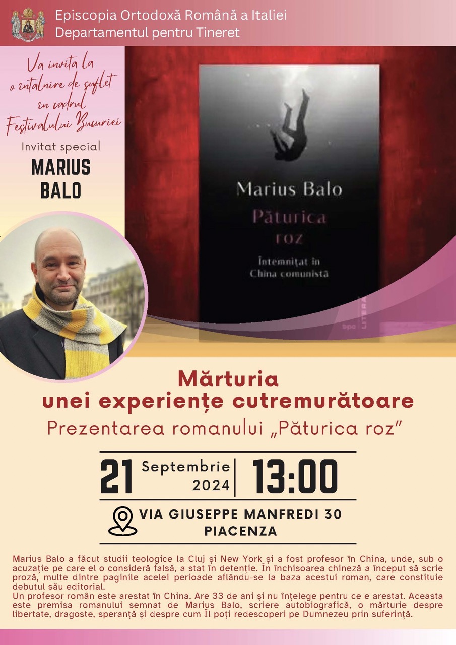 Conferință Marius Balo Păturica roz Piacenza Festivalul Bucuriei 21 septembrie 2024 dimensioni grandi